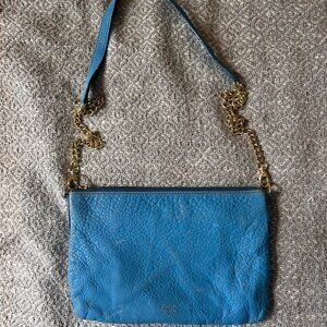 Fossil Blue Leather Crossbody Bag – Gold Chain Strap